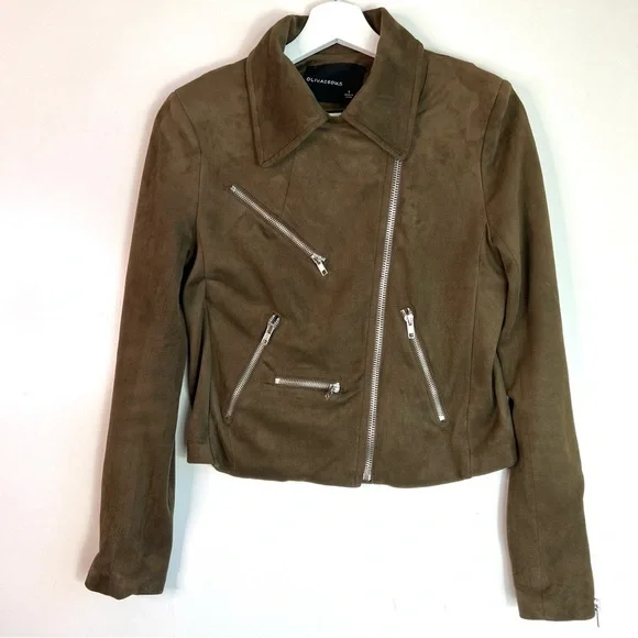 Olivaceous Vegan Faux Suede Moto Jacket Size Small - Picture 5 of 12